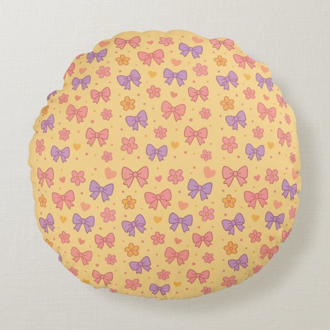 Pastel Bows & Flowers Pattern – Cute Yellow Girly  Round Cushion (Front)
