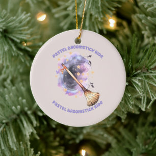 Pastel Broomstick Ride – Whimsical Witch Broom Ceramic Ornament