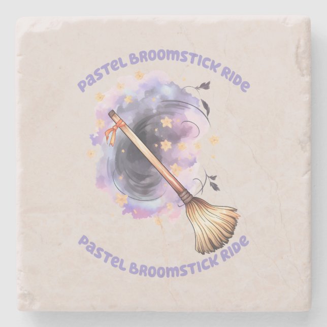 Pastel Broomstick Ride – Whimsical Witch Broom Stone Coaster (Front)