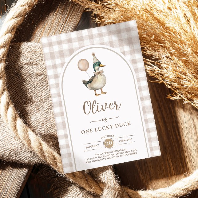 Pastel Brown One Lucky Duck Balloon 1st Birthday Invitation (Creator Uploaded)