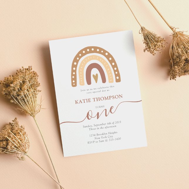 Pastel Brown Rainbow Boho First Birthday Invitation (Creator Uploaded)