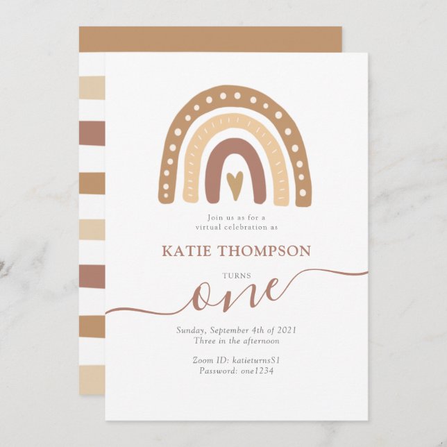 Pastel Brown Rainbow Boho Virtual First Birthday  Invitation (Front/Back)