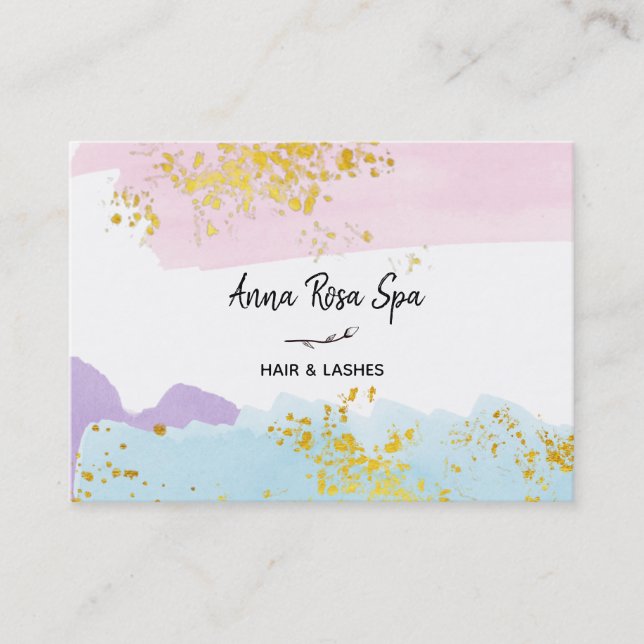 *~* Pastel Brush Gold Glitter Rose Bud Splash Business Card (Front)