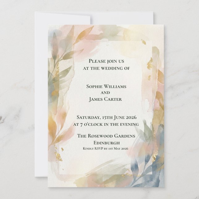 Pastel Brushstroke Botanical Wedding Invitation (Front)
