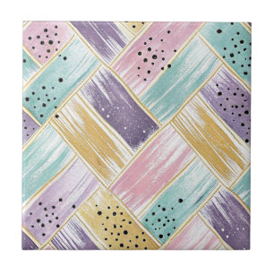 Pastel Brushstroke & Gold Crisscross Abstract Ceramic Tile