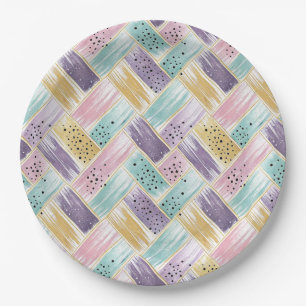 Pastel Brushstroke & Gold Crisscross Abstract Paper Plate