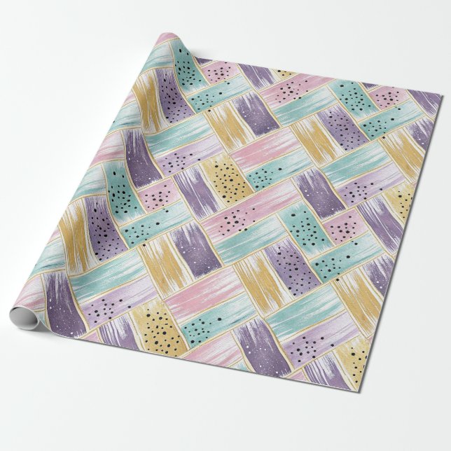 Pastel Brushstroke & Gold Crisscross Abstract Wrapping Paper (Unrolled)