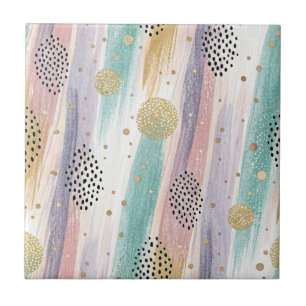 Pastel Brushstroke & Gold Geometric Abstract Ceramic Tile