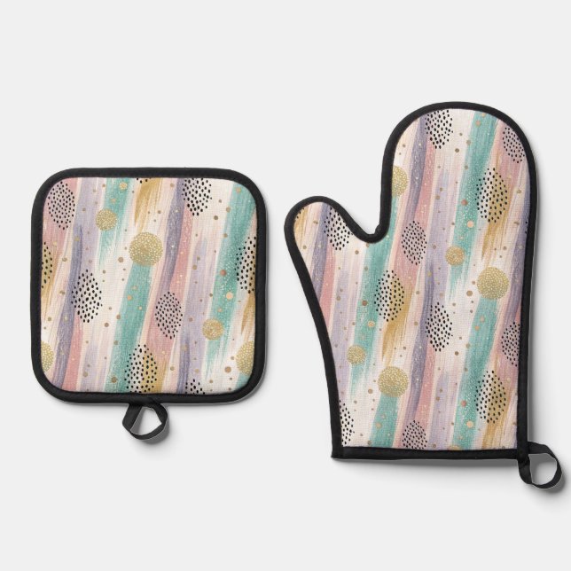 Pastel Brushstroke & Gold Geometric Abstract Oven Mitt & Pot Holder Set (Front)