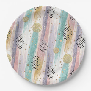Pastel Brushstroke & Gold Geometric Abstract Paper Plate