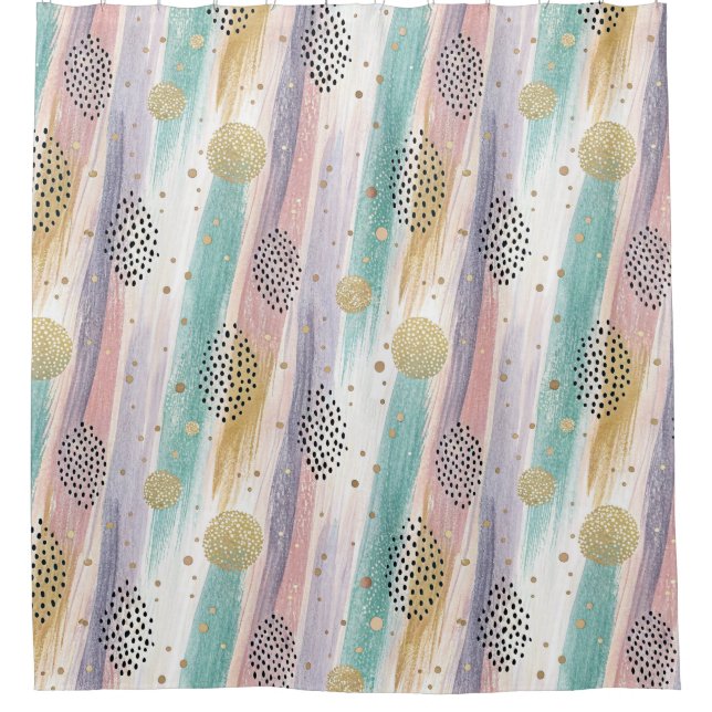 Pastel Brushstroke & Gold Geometric Abstract Shower Curtain (Front)