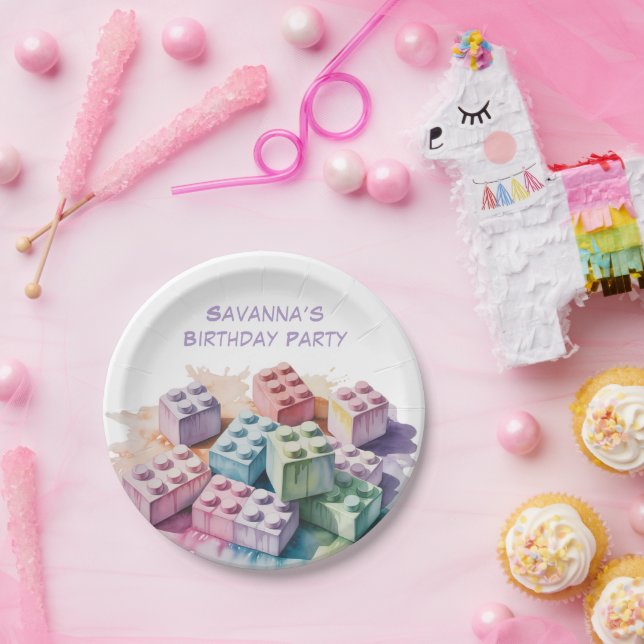 Pastel Building Block Splash Girl Birthday Party Paper Plate (Party)