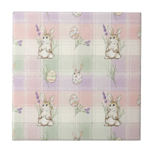 Pastel Bunny Egg Gingham Spring Pattern Ceramic Tile