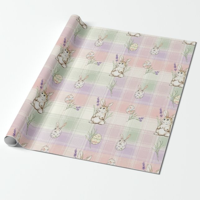 Pastel Bunny Egg Gingham Spring Pattern Wrapping Paper (Unrolled)