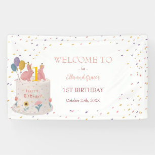 Pastel Bunny Twin Girls 1st Birthday Party Welcome Banner