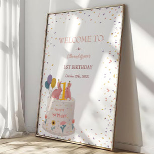 Pastel Bunny Twin Girls 1st Birthday Party Welcome Poster