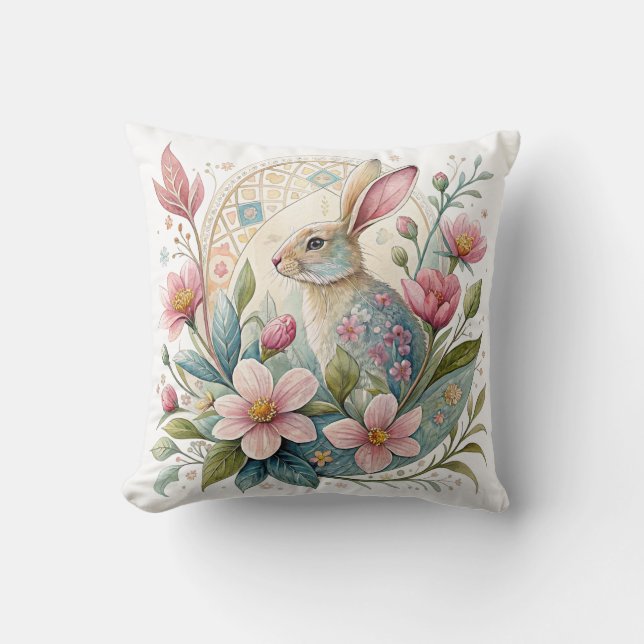 Pastel Bunny with Flowers Cushion (Front)