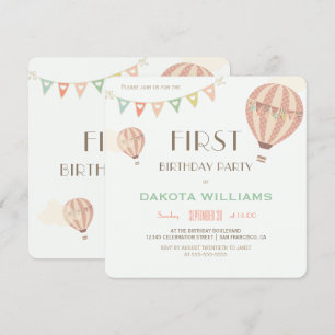 Pastel Bunting & Hot Air Balloons   First Birthday Invitation