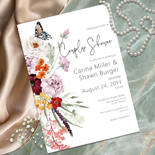 Pastel & Burgundy Blooms Floral Couples Shower Invitation (Pastel & Burgundy Blooms Floral Couples Shower Invitation)