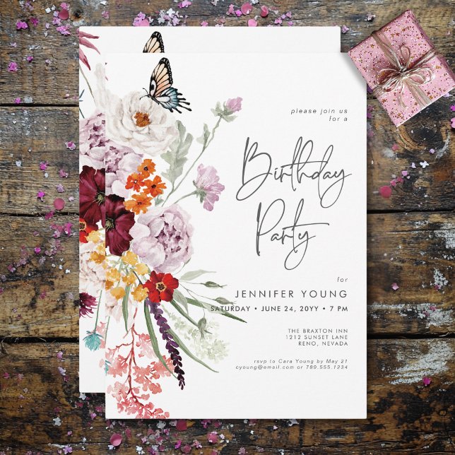 Pastel & Burgundy Blooms Modern Floral Birthday Invitation (Pastel & Burgundy Blooms Modern Floral Birthday Invitation)