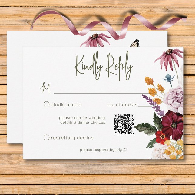 Pastel & Burgundy Blooms Modern Floral QR Code RSVP Card (Pastel & Burgundy Bloom Modern Floral Three Dinner RSVP Card)