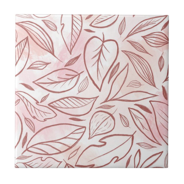 Pastel Burgundy Drawn Leaves Pattern Ceramic Tile (Front)