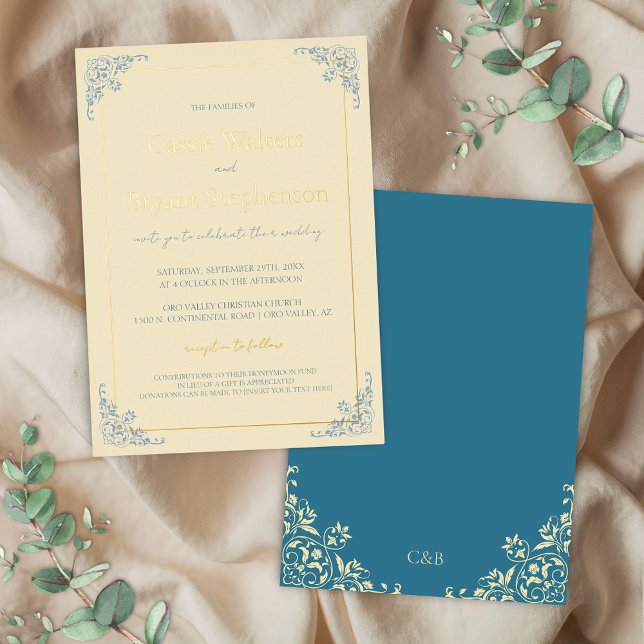 Pastel Butter Yellow Dusty Blue Minimal Wedding (Butter yellow and blue with gold foil accents romantic wedding invitations cottage core elegant)