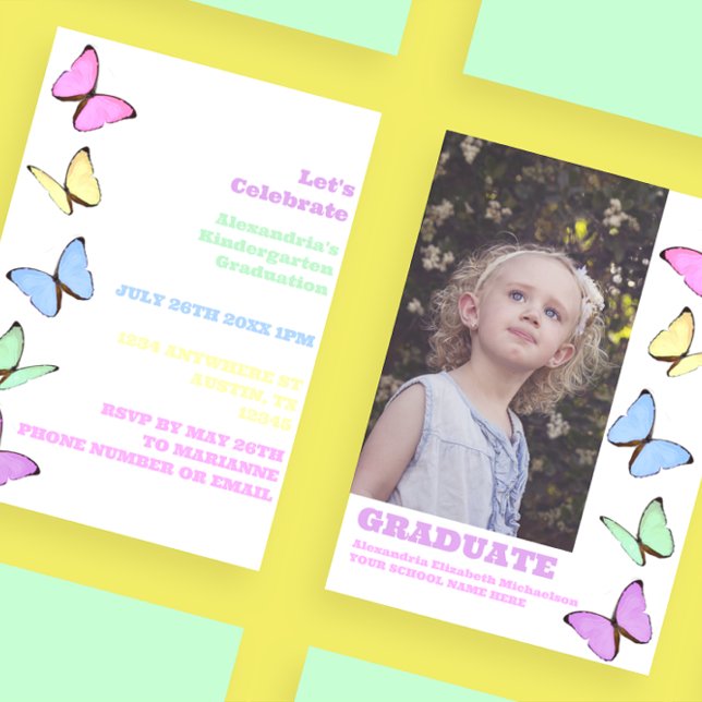 Pastel Butterflies Kids Photo Graduation Invitation (Creator Uploaded)