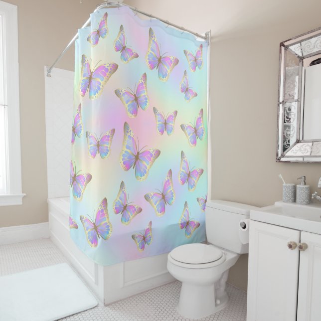pastel butterflies pattern shower curtain (In Situ)