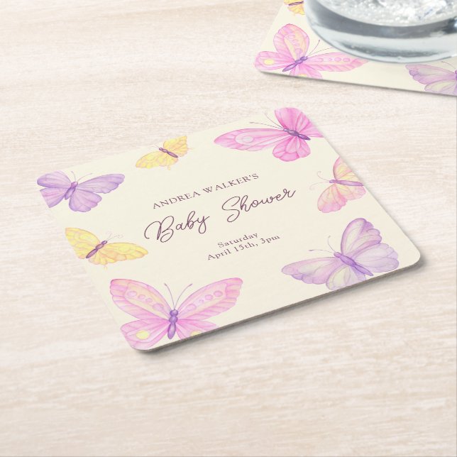 Pastel Butterflies Pink Purple Baby Shower Square Paper Coaster (Angled)
