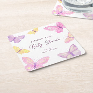 Pastel Butterflies Pink Purple Baby Shower Square Paper Coaster