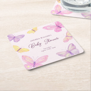 Pastel Butterflies Pink Purple Baby Shower Square Paper Coaster