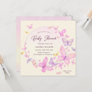 Pastel Butterflies Pink Purple Elegant Baby Shower Invitation