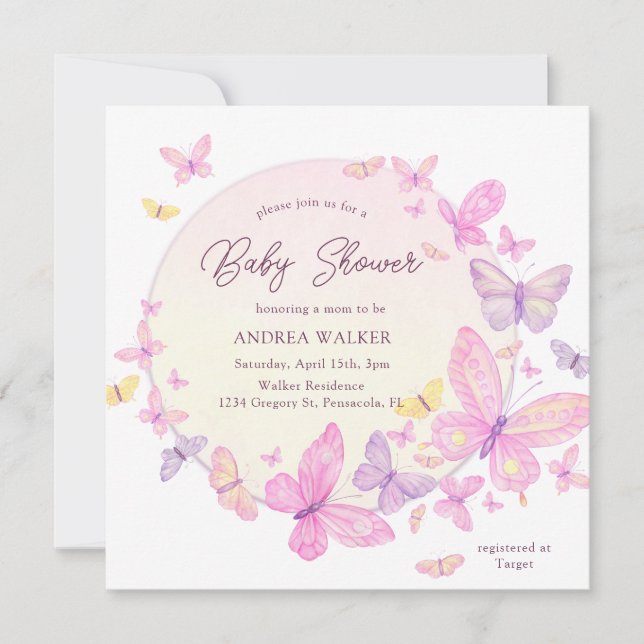 Pastel Butterflies Pink Purple Elegant Baby Shower Invitation (Front)