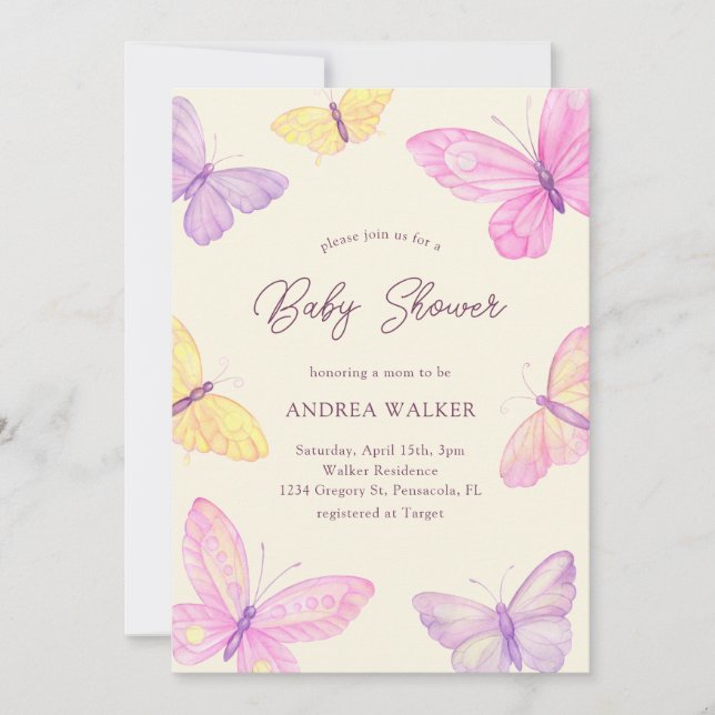 Pastel Butterflies Pink Purple Elegant Baby Shower Invitation (Front)