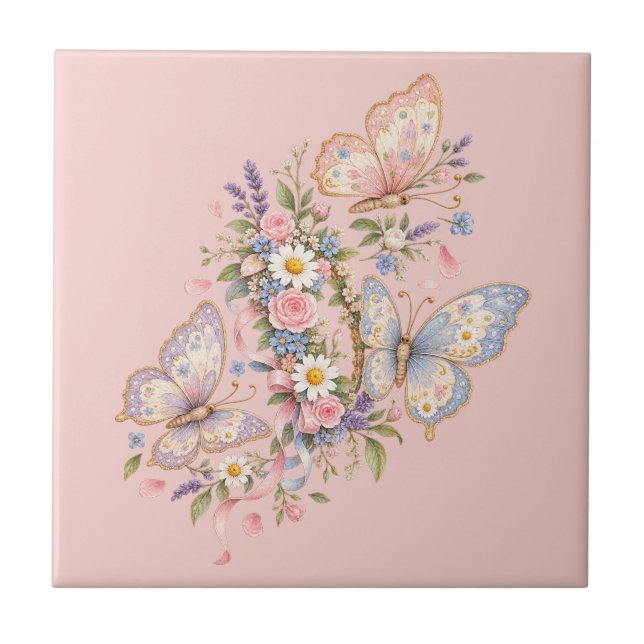 Pastel Butterfly Birthday Garden  Ceramic Tile (Front)