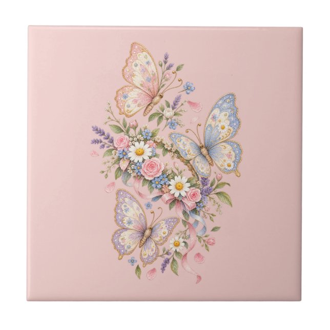 Pastel Butterfly Birthday Garden  Ceramic Tile (Front)