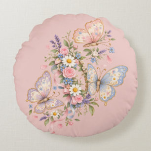 Pastel Butterfly Birthday Garden Round Cushion