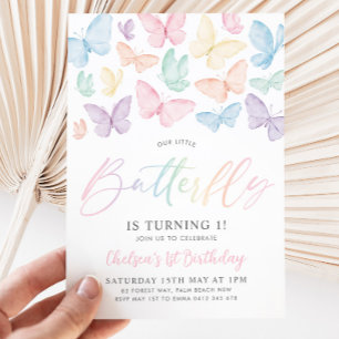 Pastel Butterfly Girl's 1st Birthday Rainbow Party Invitation