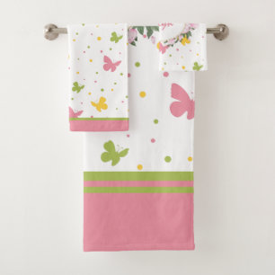 Pastel Butterfly Pattern with Flowers and Name Bath Towel Set