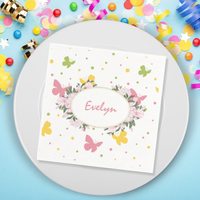Pastel Butterfly Pattern with Flowers and Name Napkin (Creator Uploaded)