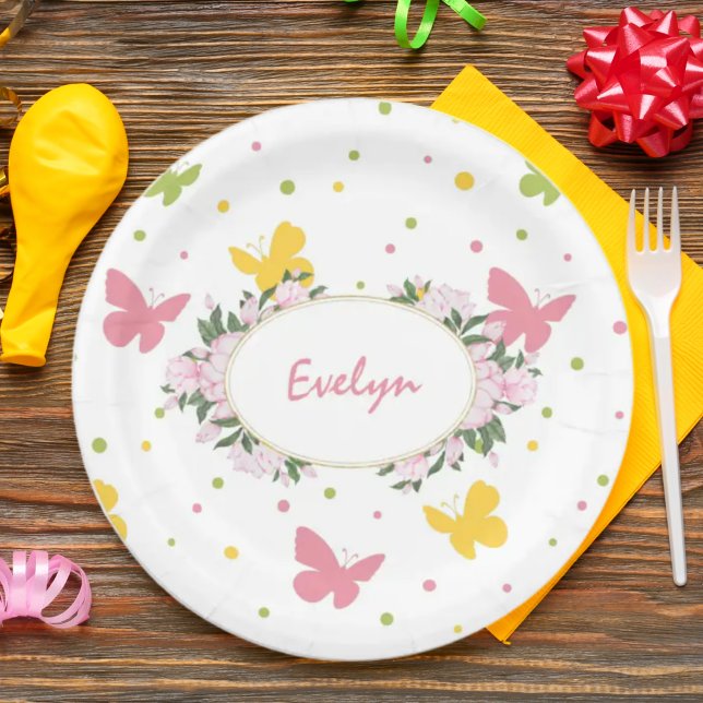 Pastel Butterfly Pattern with Flowers and Name Paper Plate (Creator Uploaded)