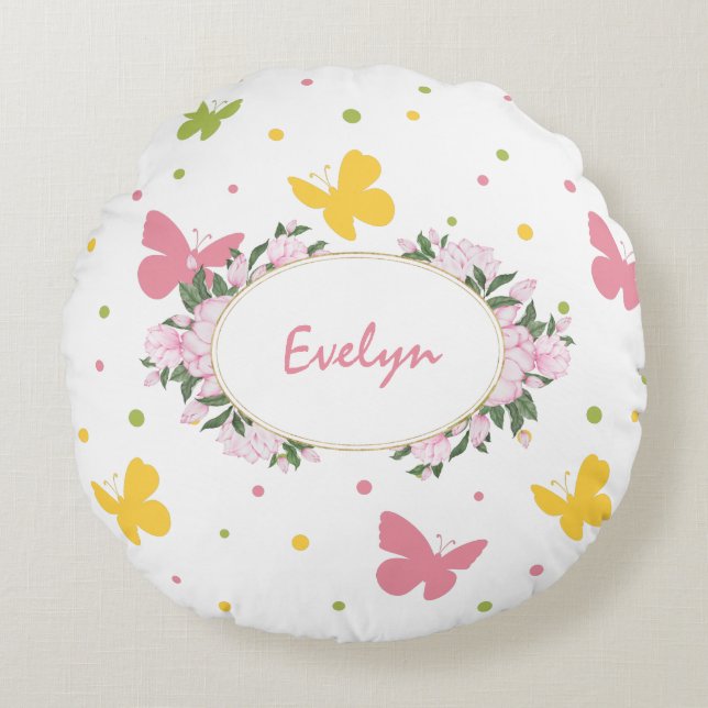 Pastel Butterfly Pattern with Flowers and Name Round Cushion (Front)