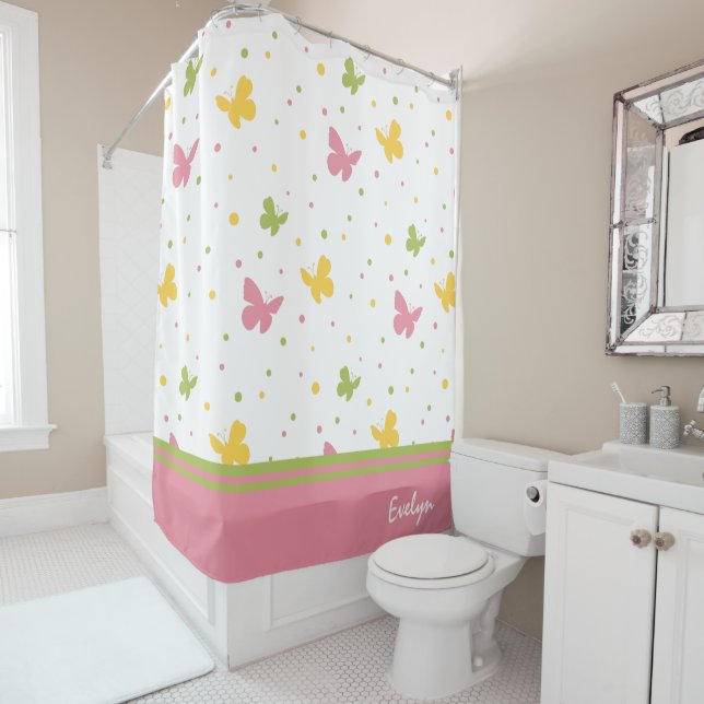 Pastel Butterfly Pattern with Name Bathroom Shower Curtain (In Situ)