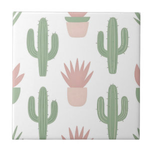 Pastel Cactus Succulent Pattern Ceramic Tile