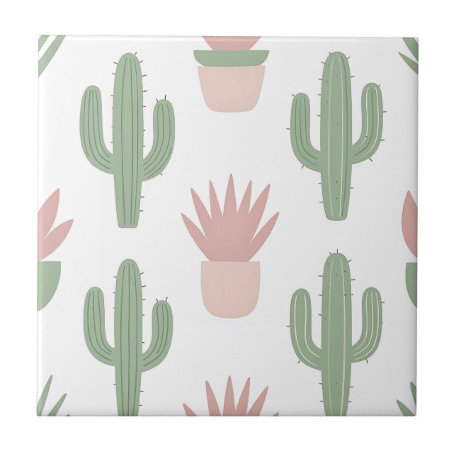 Pastel Cactus Succulent Pattern Ceramic Tile (Front)