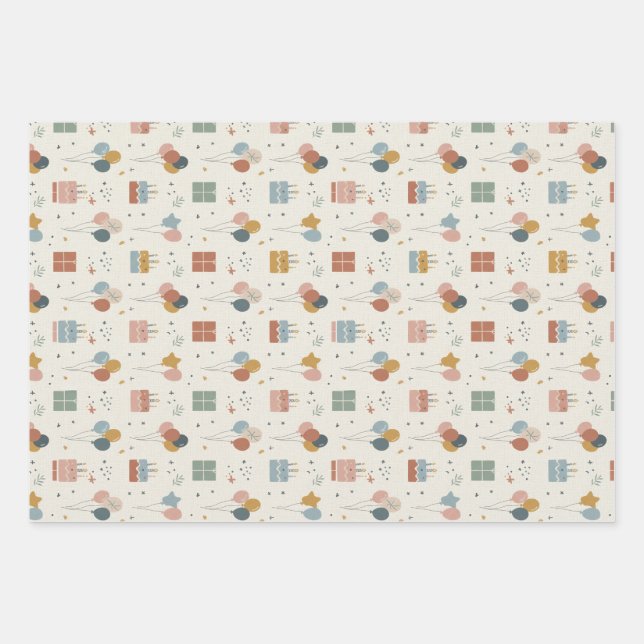 Pastel Cakes, Balloons & Confetti Scandi Wrapping Paper Sheet (Front)