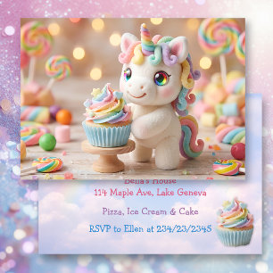 Pastel Candy Unicorn with Rainbow Cupcake Invitation