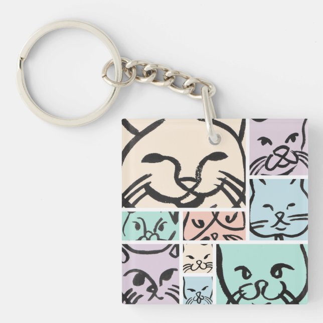 Pastel Cat Faces Key Ring (Front)