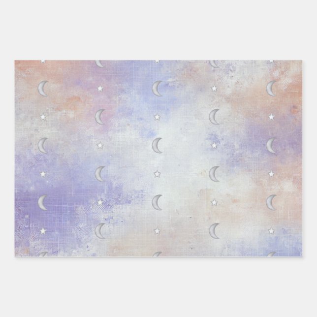 Pastel Celestial Crescent Moon & Star - 3 X Wrapping Paper Sheet (Front)